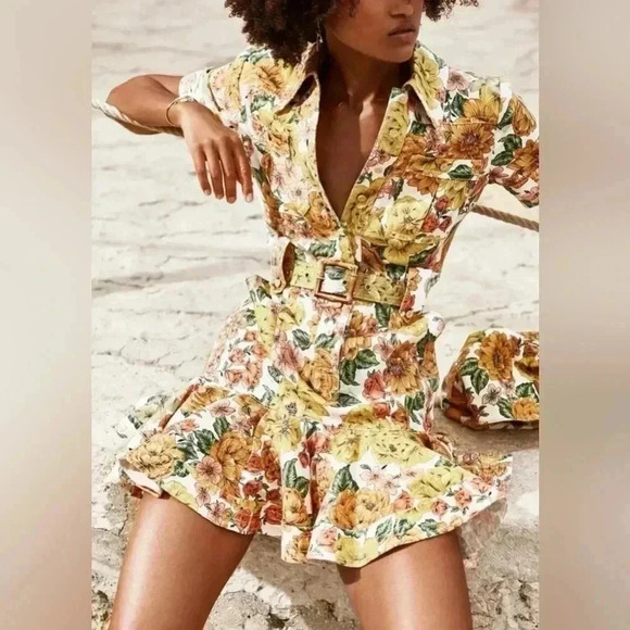 Zimmermann Poppy Belted Mini Dress 0 US4 Linen Short Sleeve Floral Shirt Dress - Picture 3 of 15